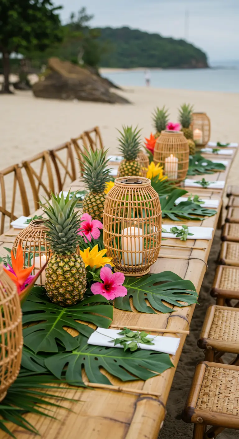 Lanternes en bambou et ananas sur une longue table de plage pour une fête tropicale.