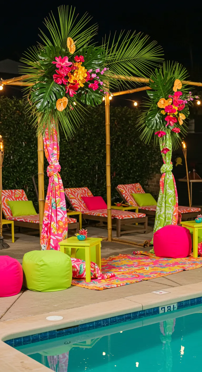 Arche de fête au bord de la piscine avec bambou, tissus tropicaux vifs, fleurs exotiques et poufs colorés.