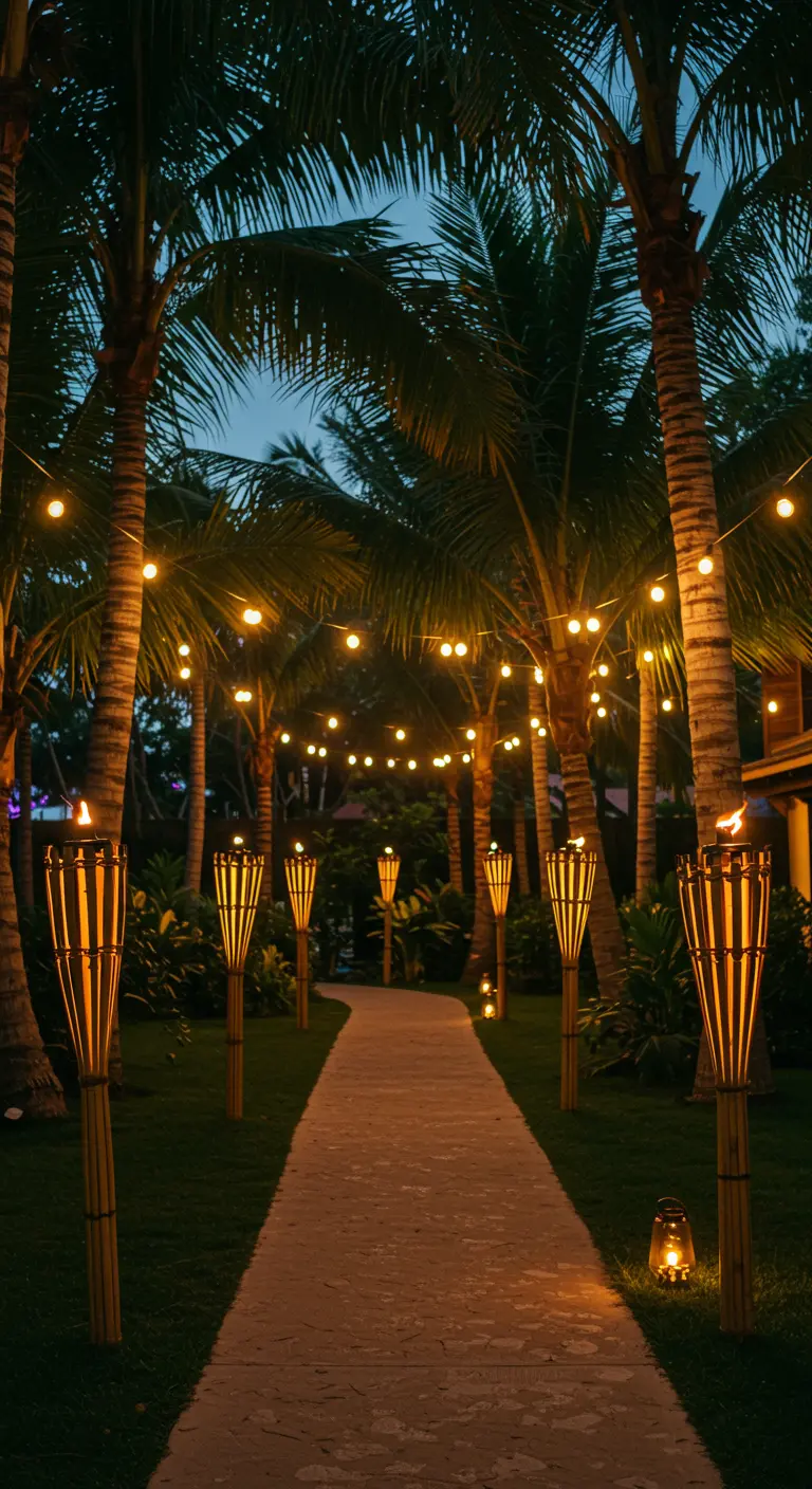 Allée bordée de torches tiki et de guirlandes lumineuses entre des palmiers.