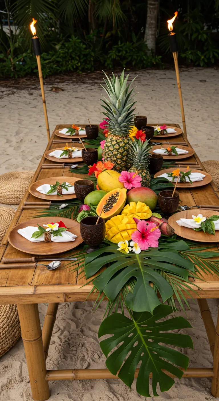 Table de fête tropicale sur la plage avec ananas, mangues et feuilles de monstera.
