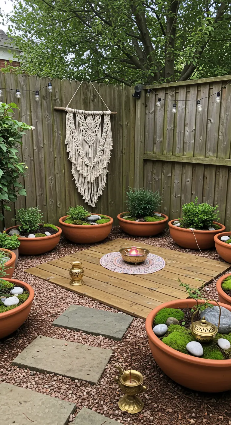 Jardin zen avec des coupes basses en terre cuite remplies de mousse et des accents en laiton.