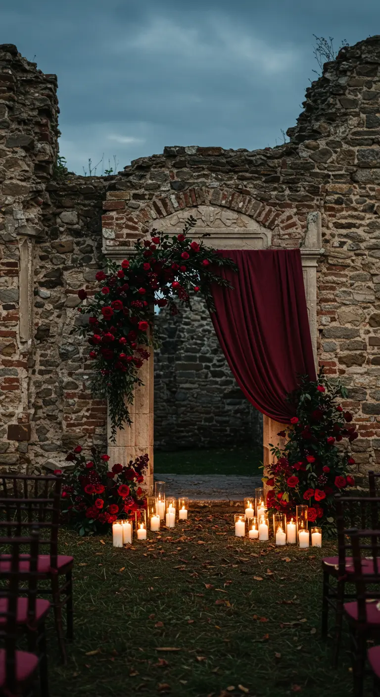 Arche de roses rouges dans une ruine en pierre avec un drapé bordeaux.