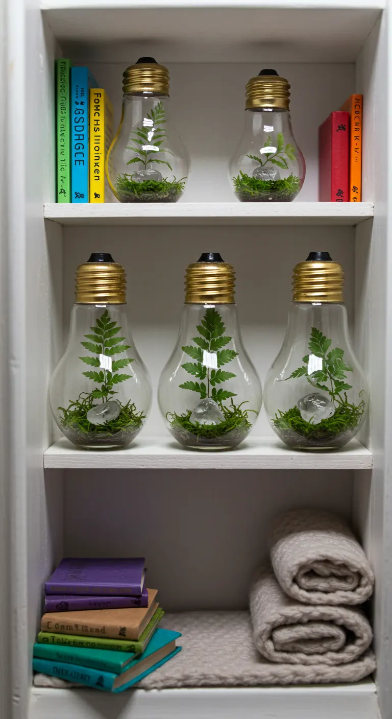 Mini-terrariums faits à partir d'ampoules, contenant des fougères et des cristaux, sur une étagère blanche.