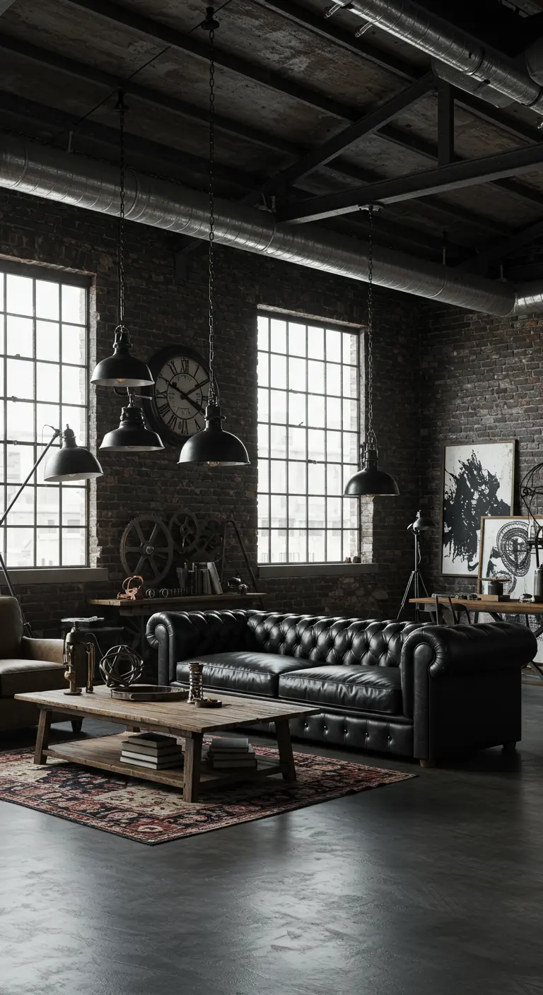 Salon industriel chic avec canapé chesterfield noir, table basse en bois, luminaires métalliques et mur de briques.
