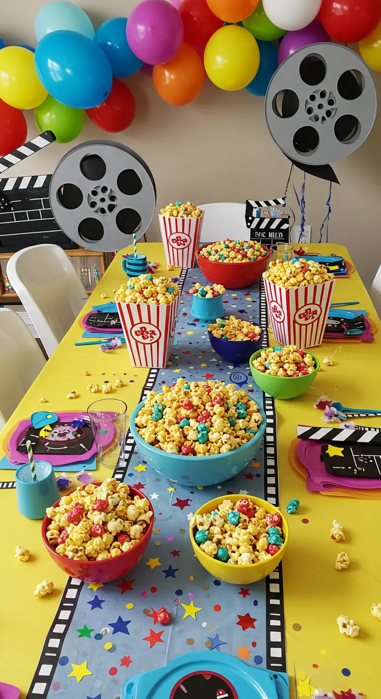 Table d'anniversaire enfant sur le thème cinéma avec ballons colorés, pop-corn et décorations gaies.