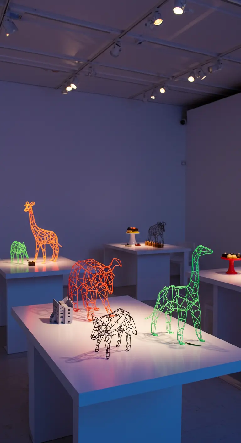 Sculptures d'animaux géométriques lumineuses sur tables blanches dans une pièce sombre.