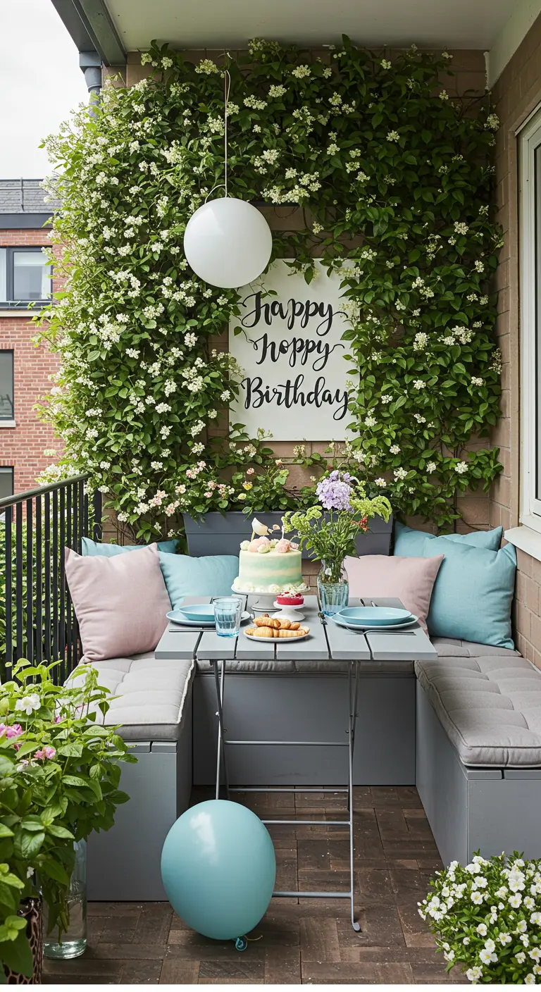 Balcon cosy avec mur végétal, banquette d'angle, coussins pastel et table de fête.
