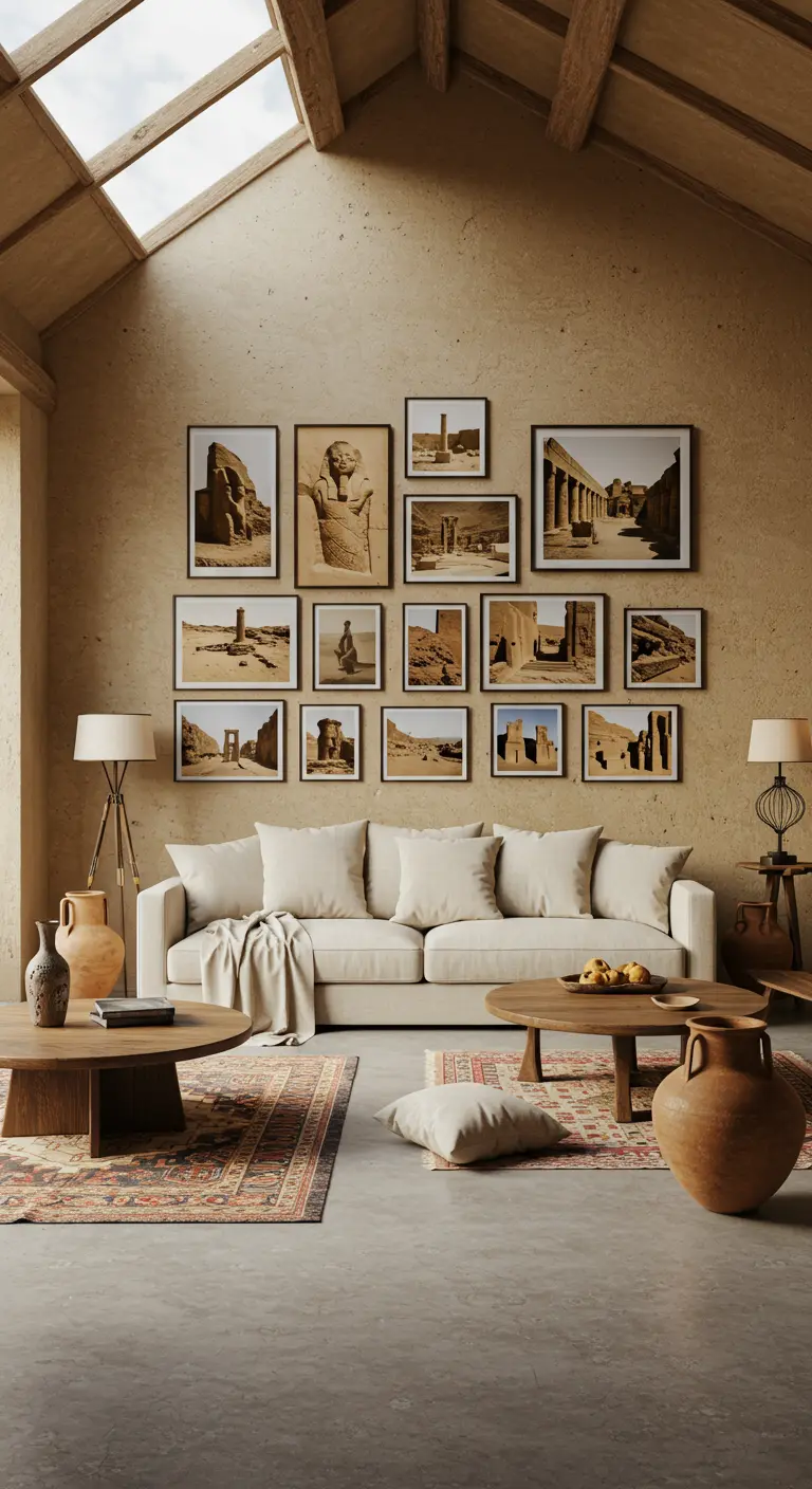 Salon aux couleurs du désert avec un mur de cadres d'anciennes ruines, canapé beige et tapis ethnique.
