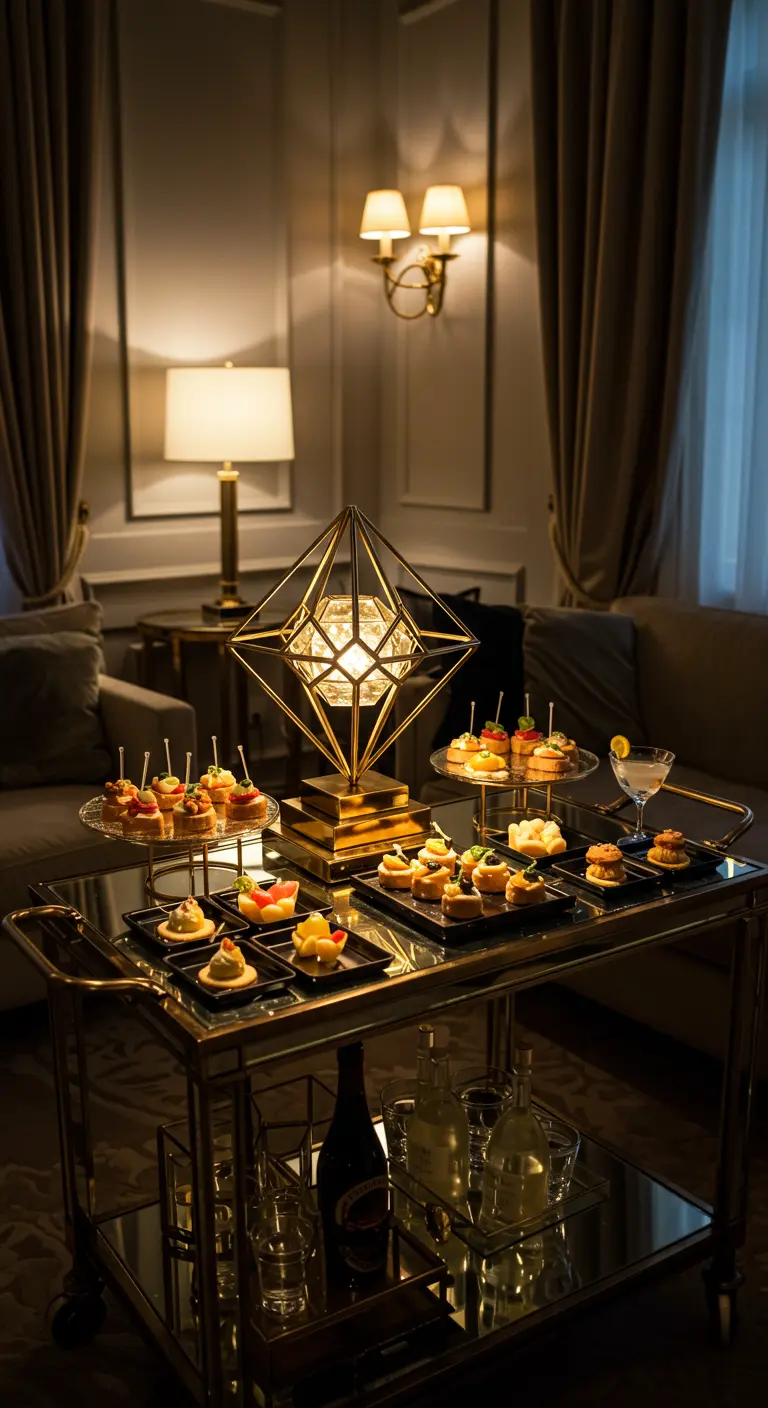 Chariot de service doré avec un luminaire géométrique et des mignardises apéritives individuelles.