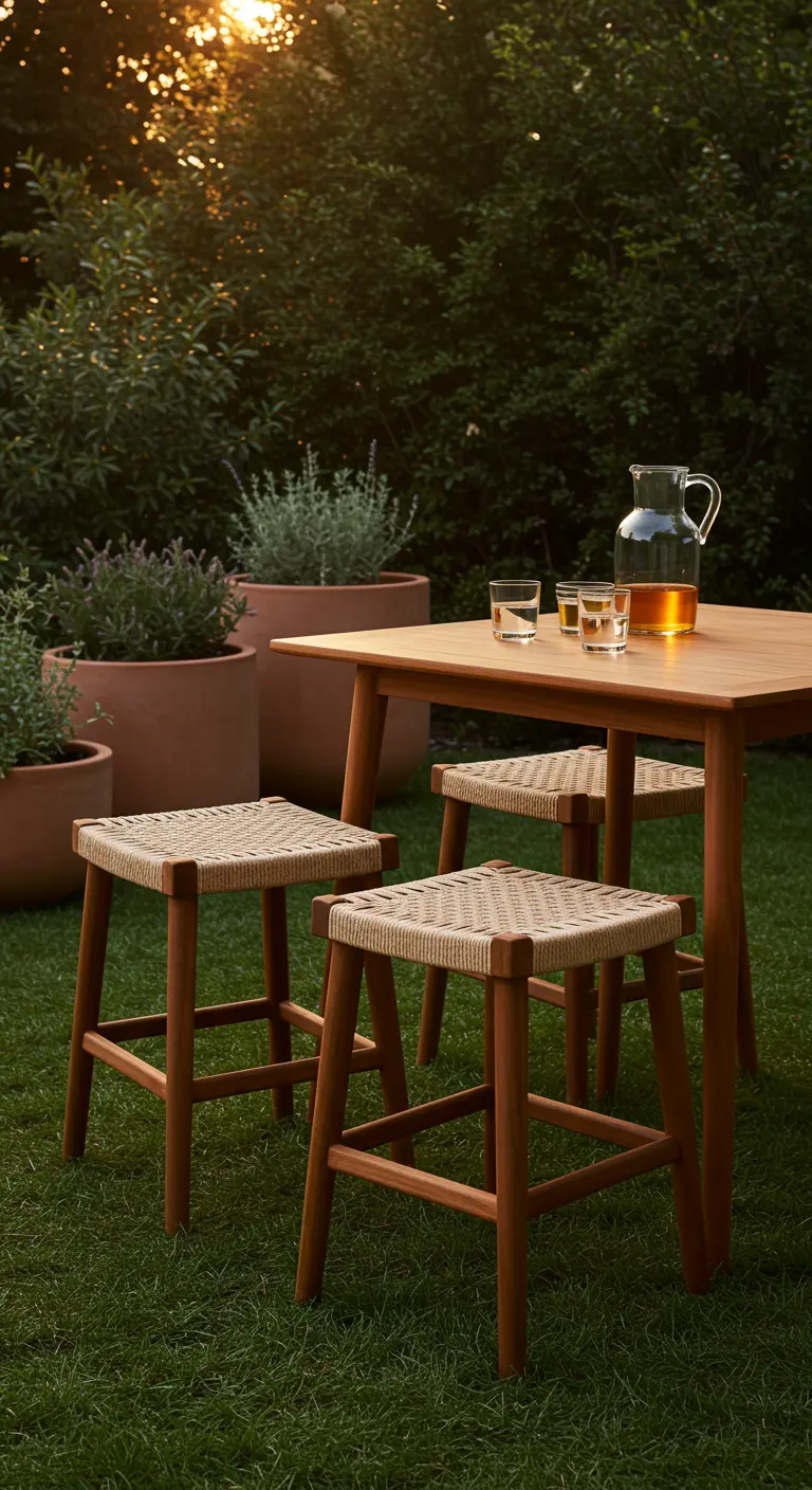 Table haute en bois et tabourets tissés installés sur une pelouse.