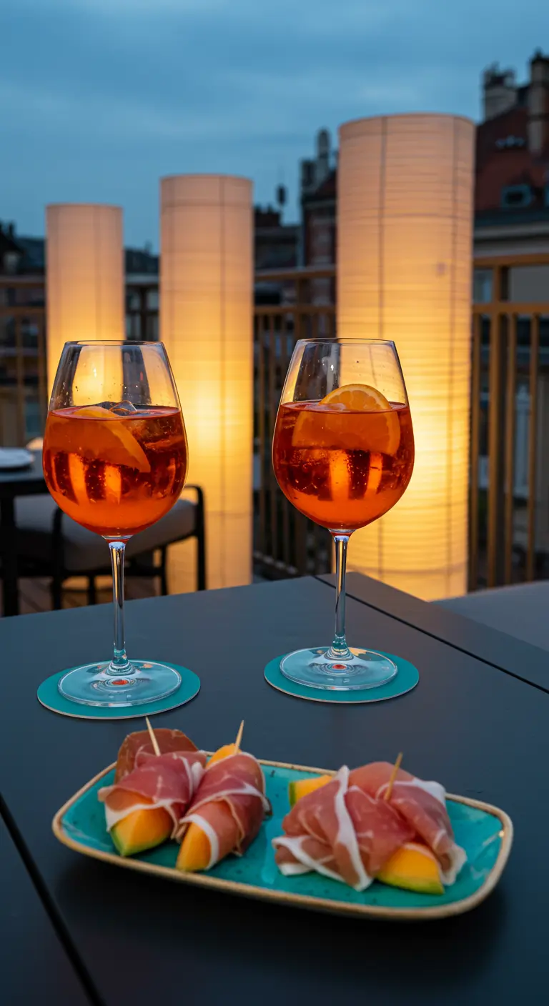 Deux verres de Spritz sur une table de bar en rooftop, avec des lanternes lumineuses en fond.