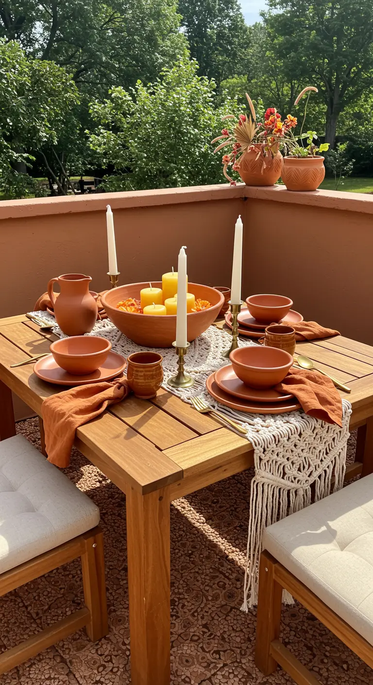 Table de terrasse avec un grand bol en terre cuite rempli de bougies flottantes.