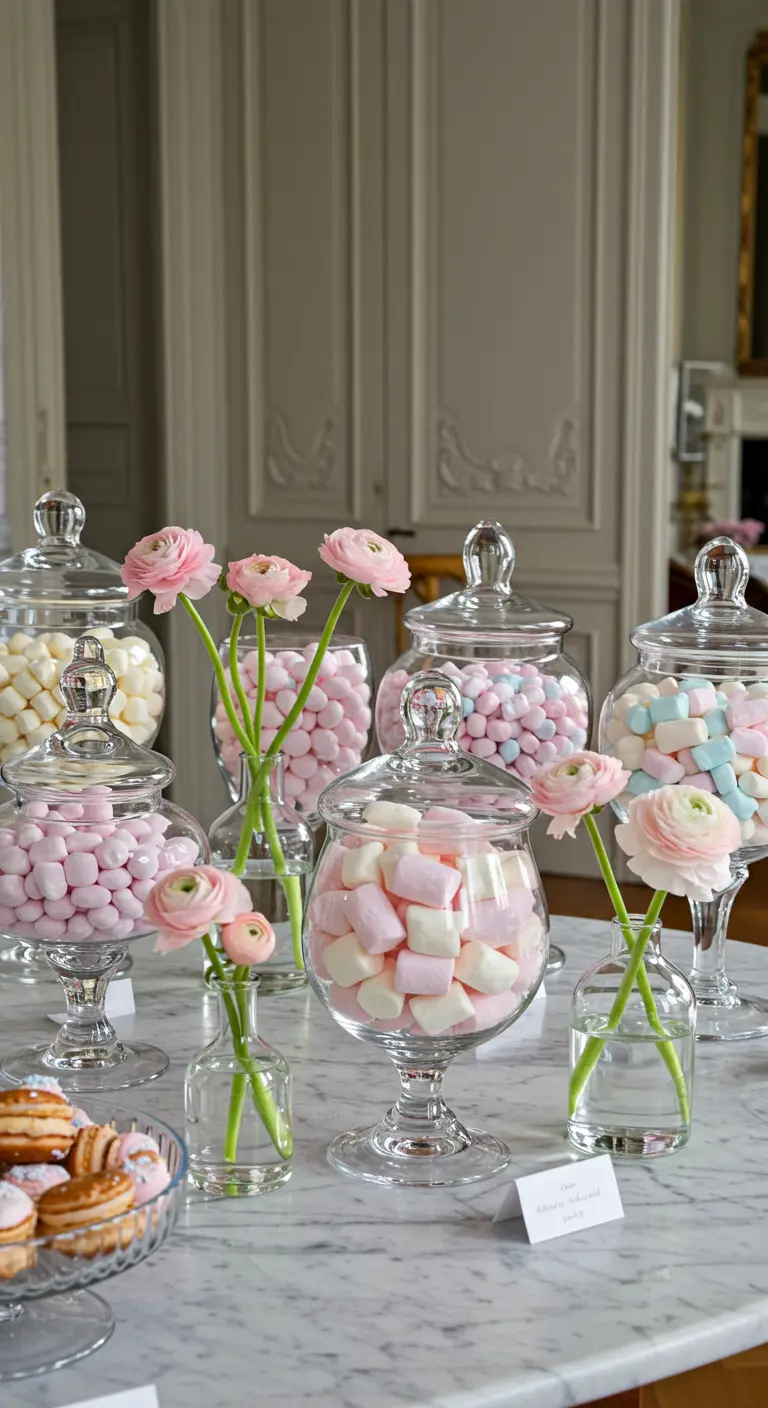 Bonbonnières en verre remplies de guimauves pastel et de petites fleurs roses.