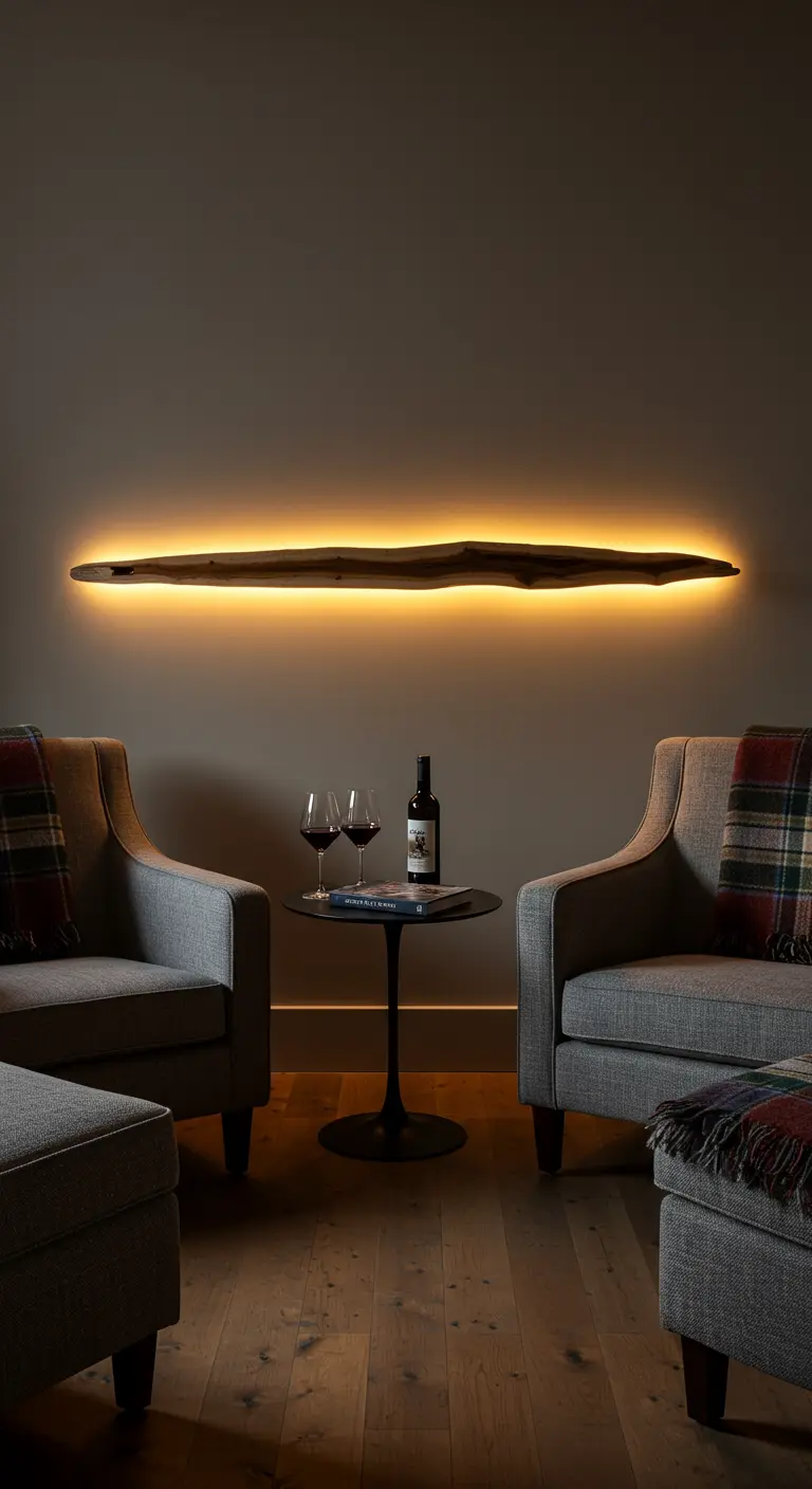 Pièce de bois flotté rétro-éclairée servant d'applique murale au-dessus de fauteuils.