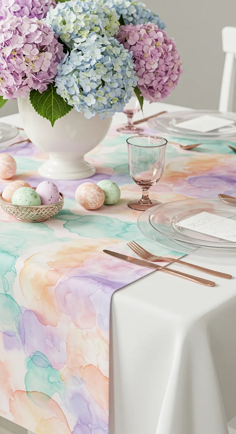 Table de Pâques avec chemin de table aux motifs aquarelle pastel et bouquet d'hortensias.