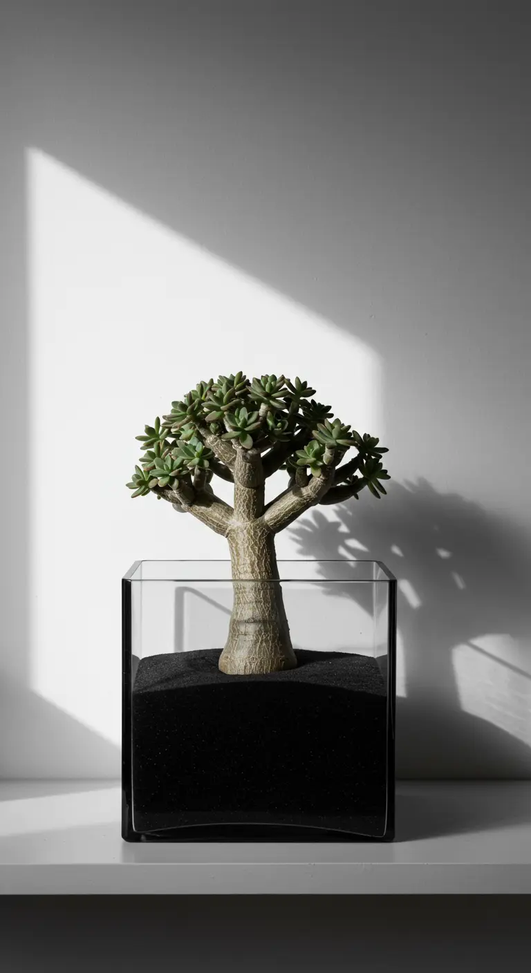 Terrarium cubique avec une plante succulente en forme d'arbre et du sable noir.
