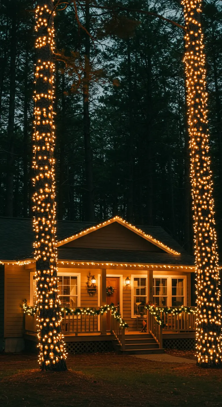 Deux grands arbres dans une forêt, entièrement enveloppés de guirlandes lumineuses chaudes.