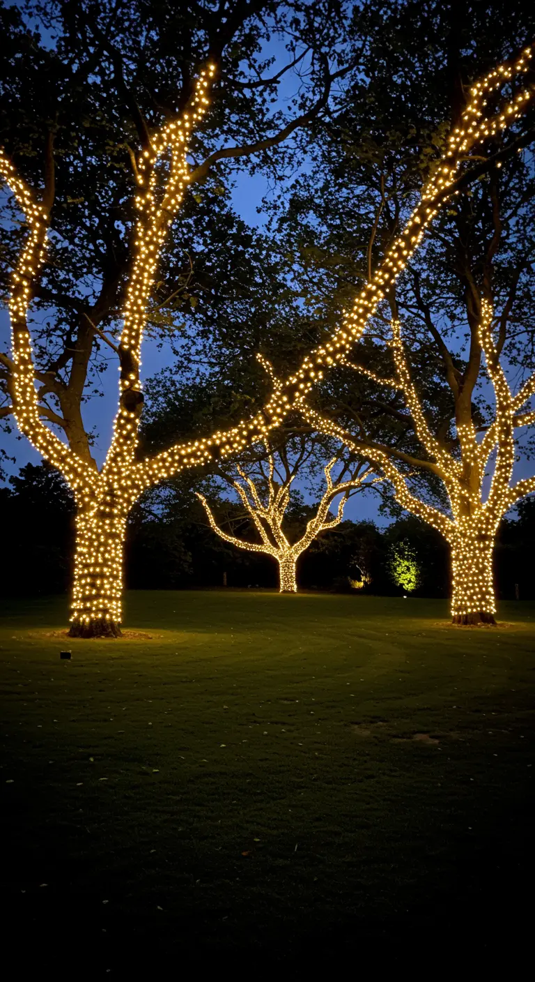 Grands arbres majestueux entièrement recouverts de guirlandes lumineuses dorées.
