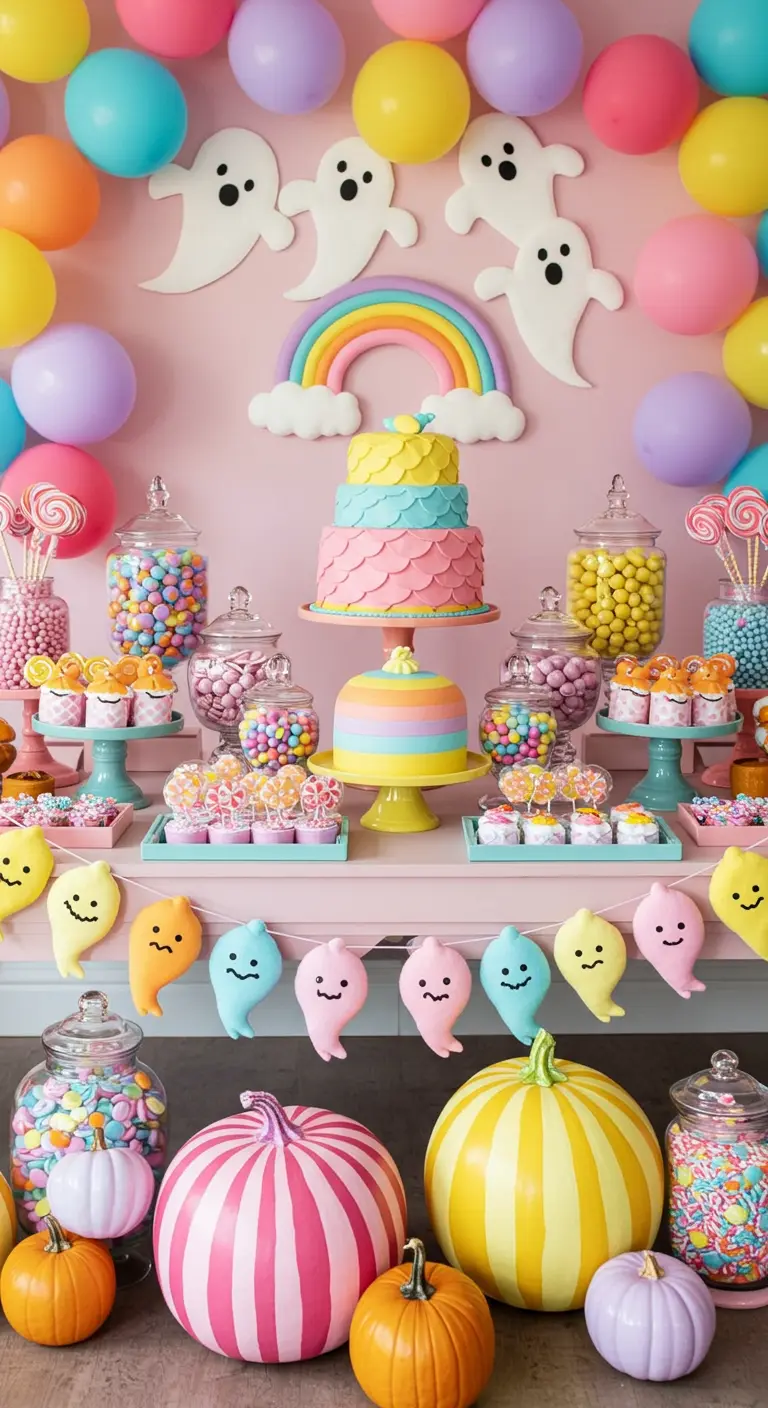 Buffet de fête Halloween ultra coloré avec un arc-en-ciel et des fantômes.