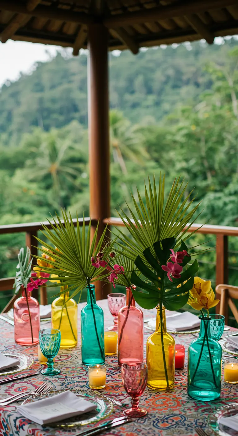 Table festive avec vases en verre coloré, feuilles de palmier et fleurs roses.