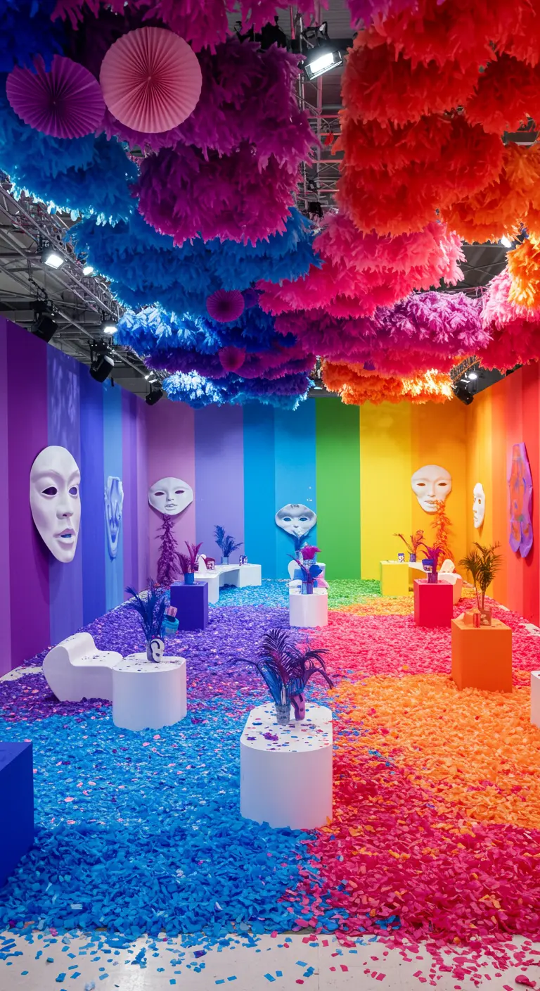 Salle vibrante décorée de murs arc-en-ciel, pompons colorés au plafond et confettis.