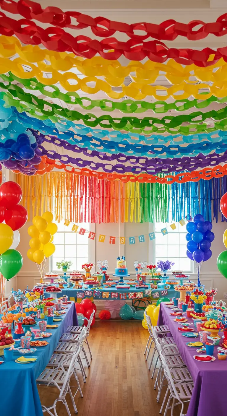 Salle de fête décorée sur le thème de l'arc-en-ciel avec des guirlandes en papier, des streamers et des ballons.