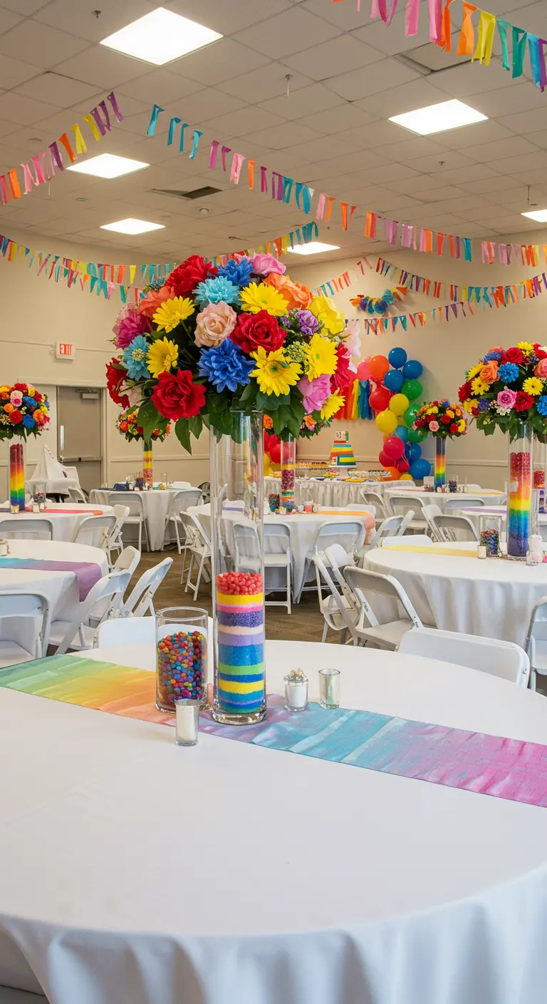 Salle de réception décorée aux couleurs de l'arc-en-ciel avec des centres de table floraux et des fanions.