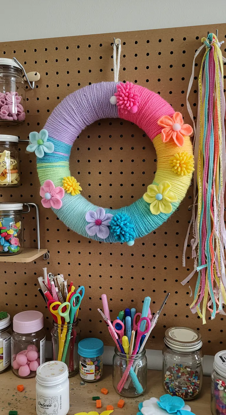 Couronne de Pâques enveloppée de laine aux couleurs de l'arc-en-ciel, avec des fleurs en feutrine.
