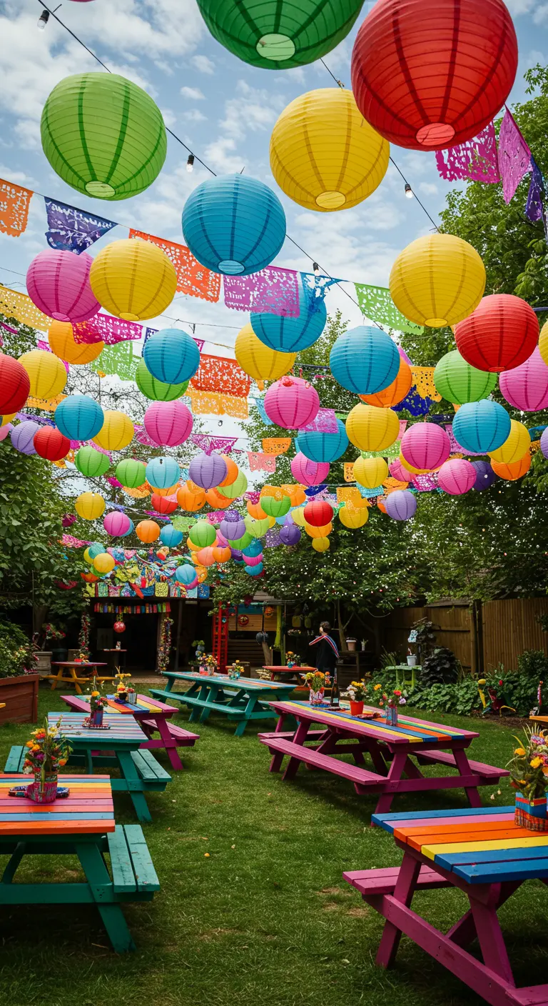 Fête tropicale avec une abondance de lampions multicolores, fanions et tables de pique-nique peintes de couleurs vives.