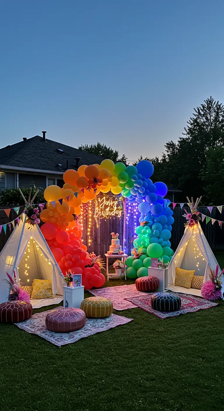 Arche de ballons arc-en-ciel dans un jardin avec des tipis et des lumières.