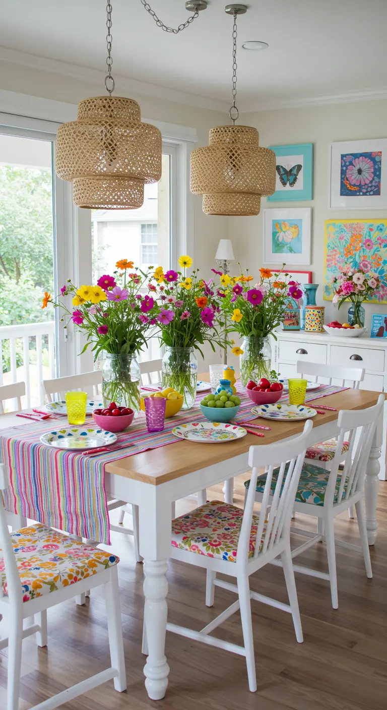Table lumineuse avec chemin de table rayé multicolore et multiples bouquets de fleurs vives.