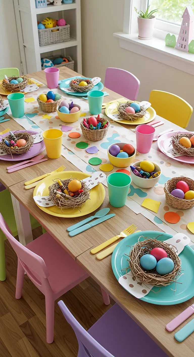 Table de Pâques pour enfants avec des chaises et de la vaisselle de toutes les couleurs.