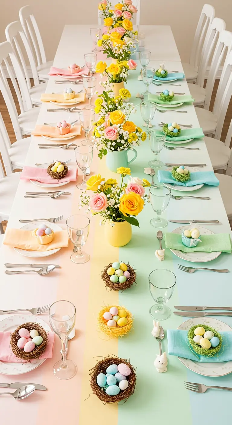 Longue table de Pâques avec un chemin de table et des serviettes aux couleurs de l'arc-en-ciel.