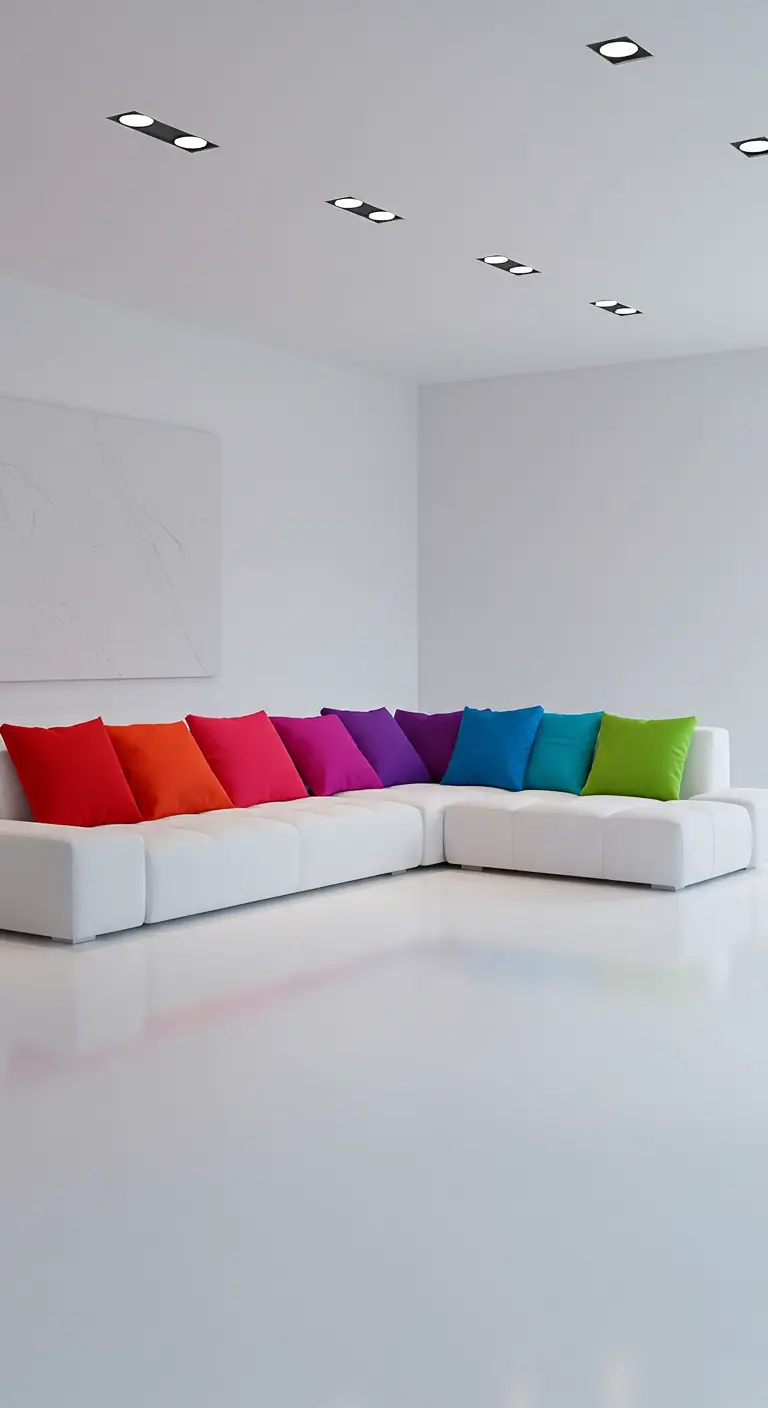 Canapé d'angle blanc dans un intérieur minimaliste avec des coussins aux couleurs de l'arc-en-ciel.