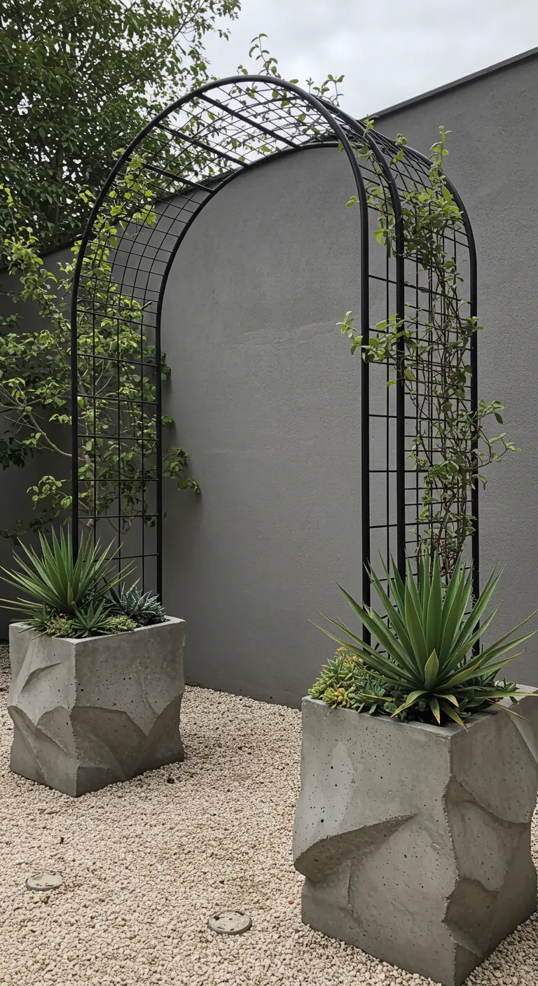 Deux grands pots anguleux en béton avec agaves, flanquant une arche métallique noire recouverte de feuillage grimpant.