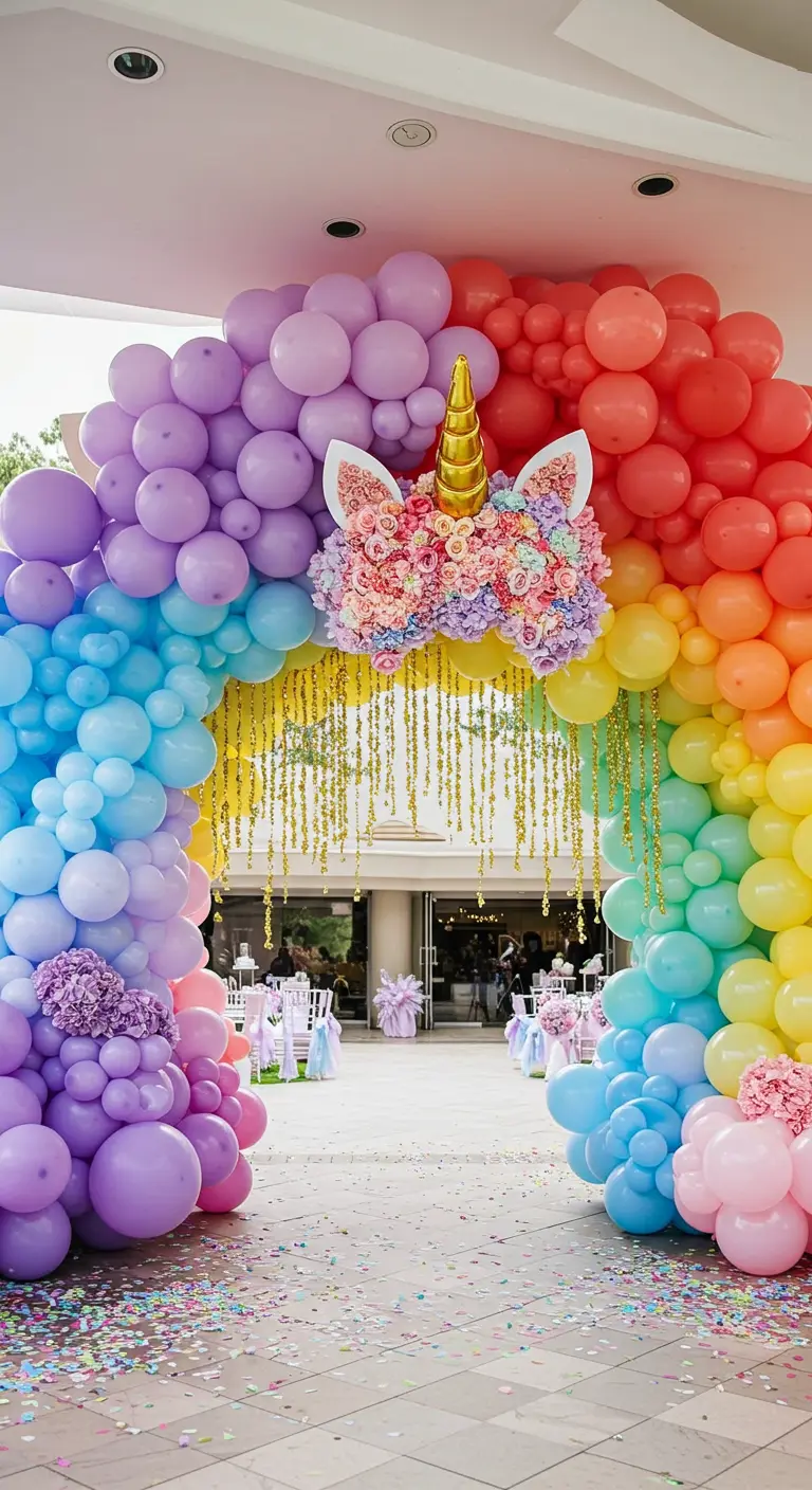 Arche de ballons géante arc-en-ciel avec un visage de licorne pour une entrée festive.