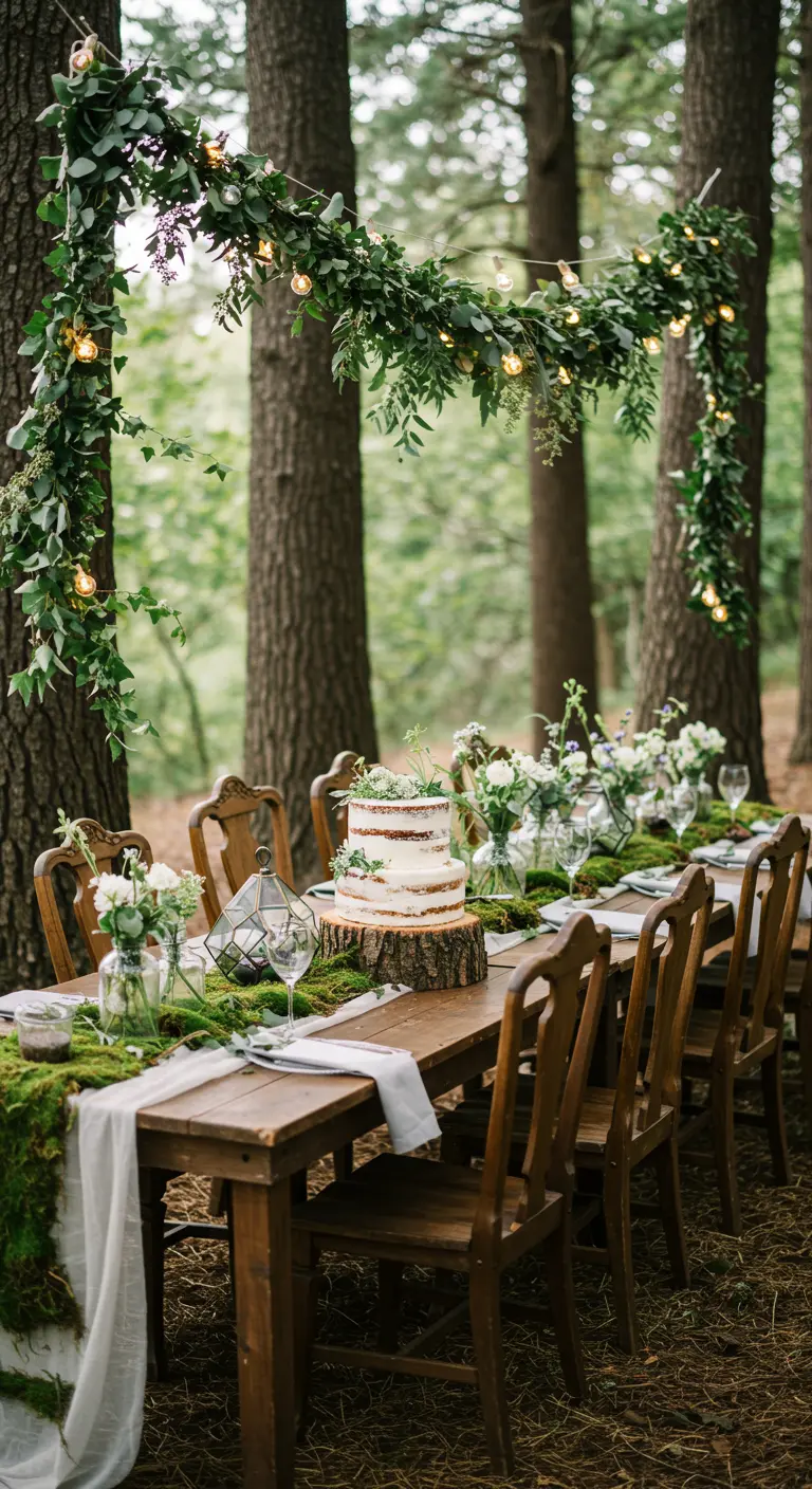 Guirlande végétale lumineuse en forme d'arche dans une forêt pour une fête en plein air.