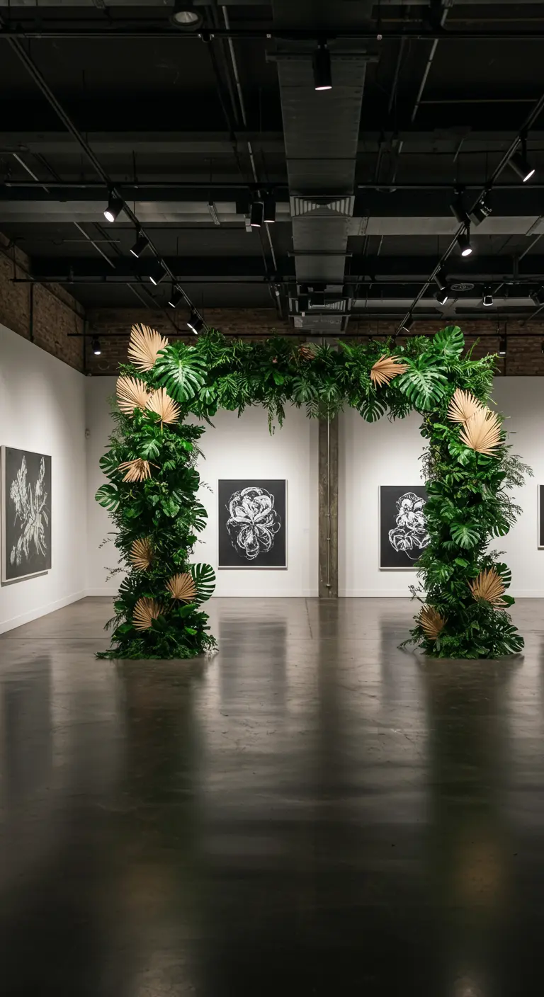 Arche monumentale recouverte de feuilles de monstera et fougères avec touches dorées dans une galerie.