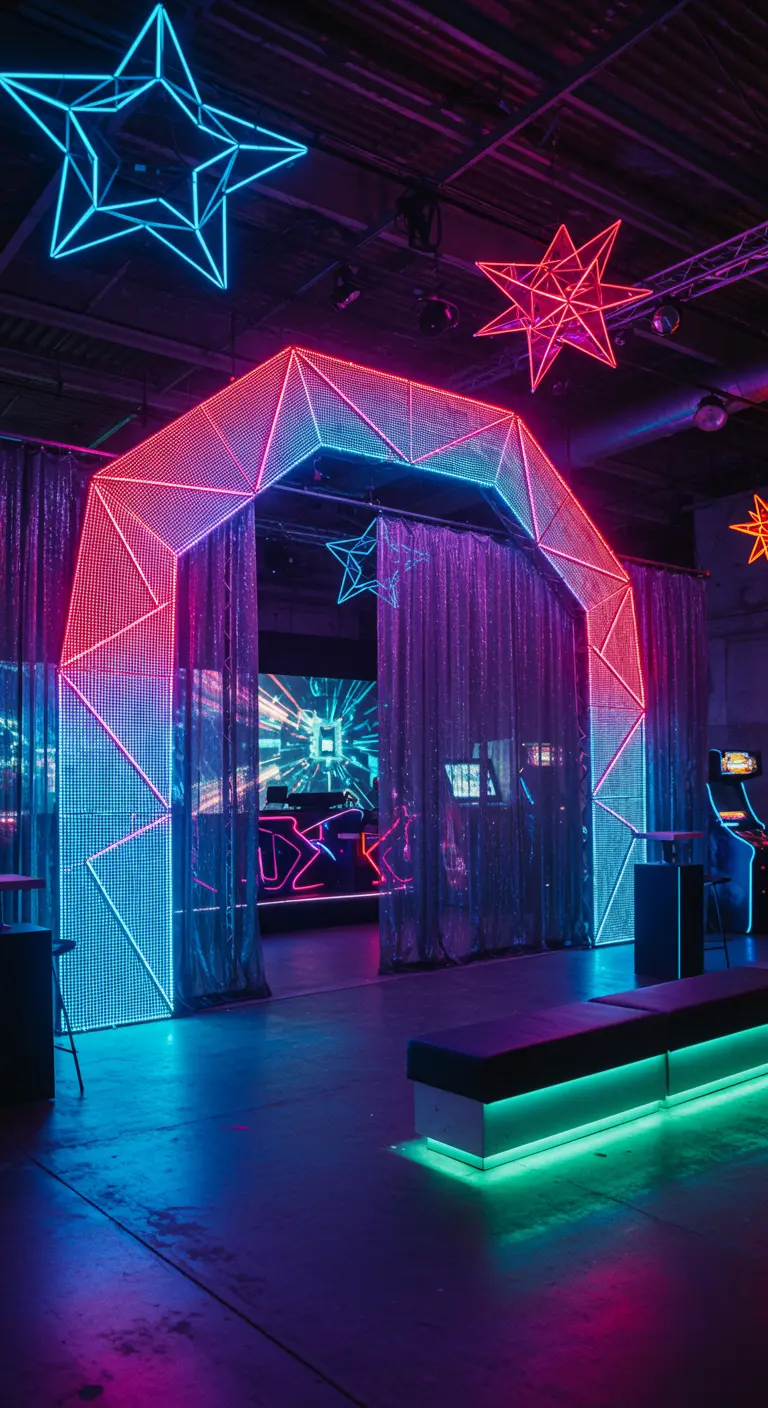 Arche polygonale illuminée de néons bleus et roses avec des rideaux brillants et des étoiles lumineuses.