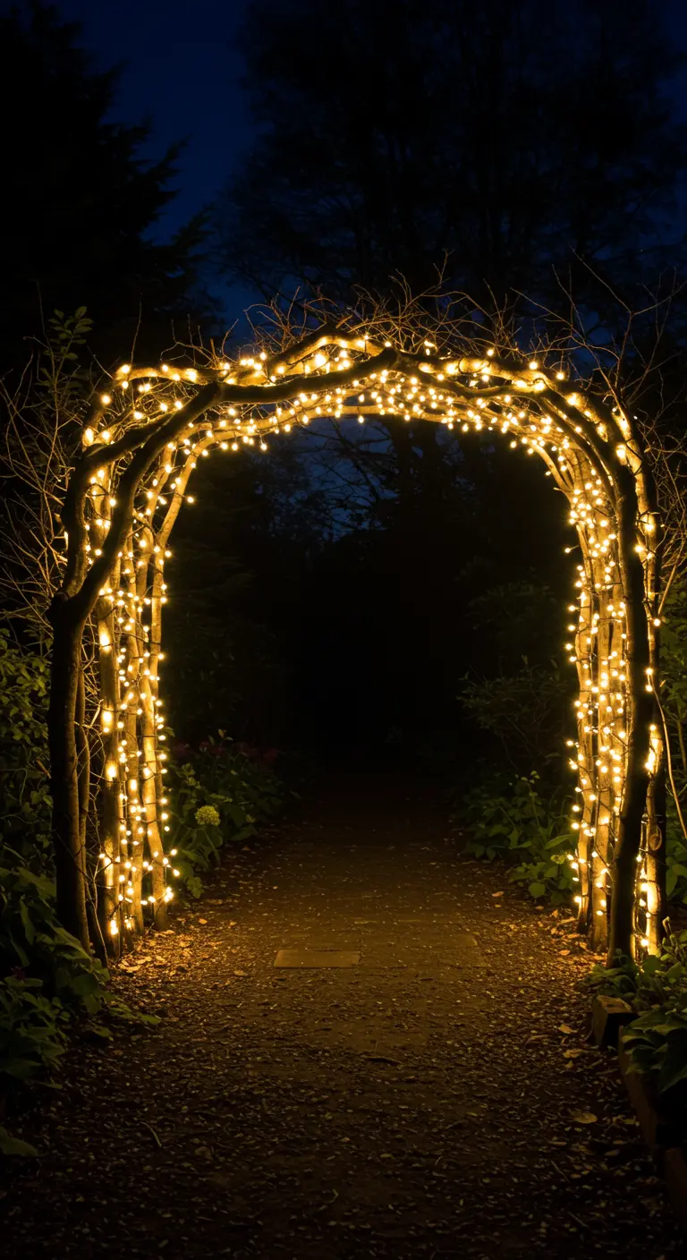 Arche de jardin en bois entièrement recouverte de guirlandes lumineuses la nuit.