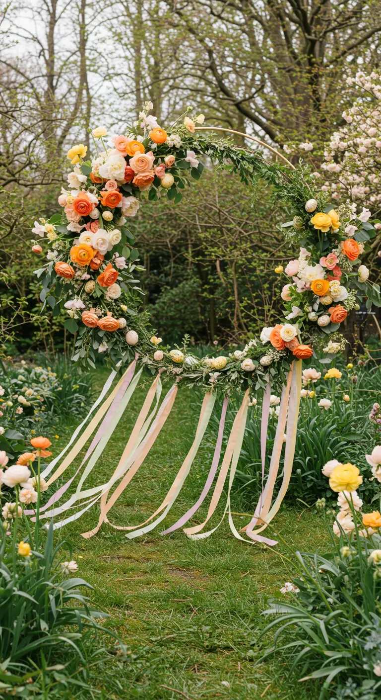 Très grande couronne de fleurs fraîches servant d'arche dans un jardin fleuri, avec de longs rubans.