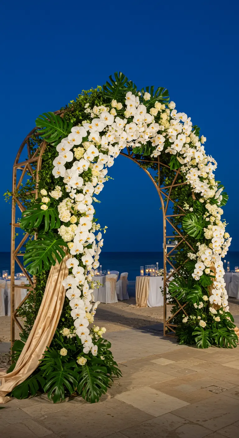 Grande arche dorée, fleurs blanches, monstera, drapé doré, bord de mer au crépuscule.