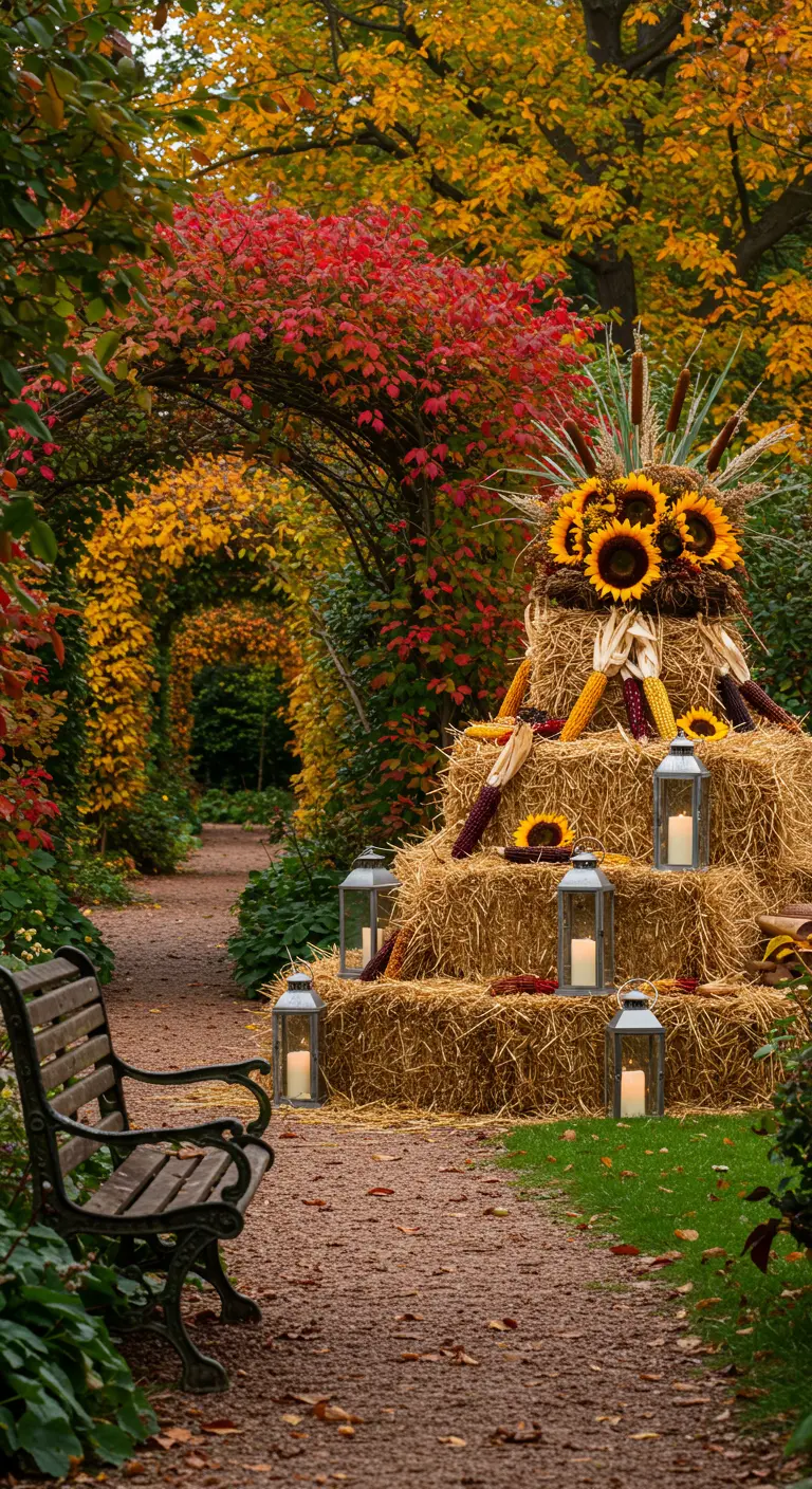 Arche de jardin automnale avec des bottes de paille en pyramide, tournesols, maïs et lanternes éclairées.