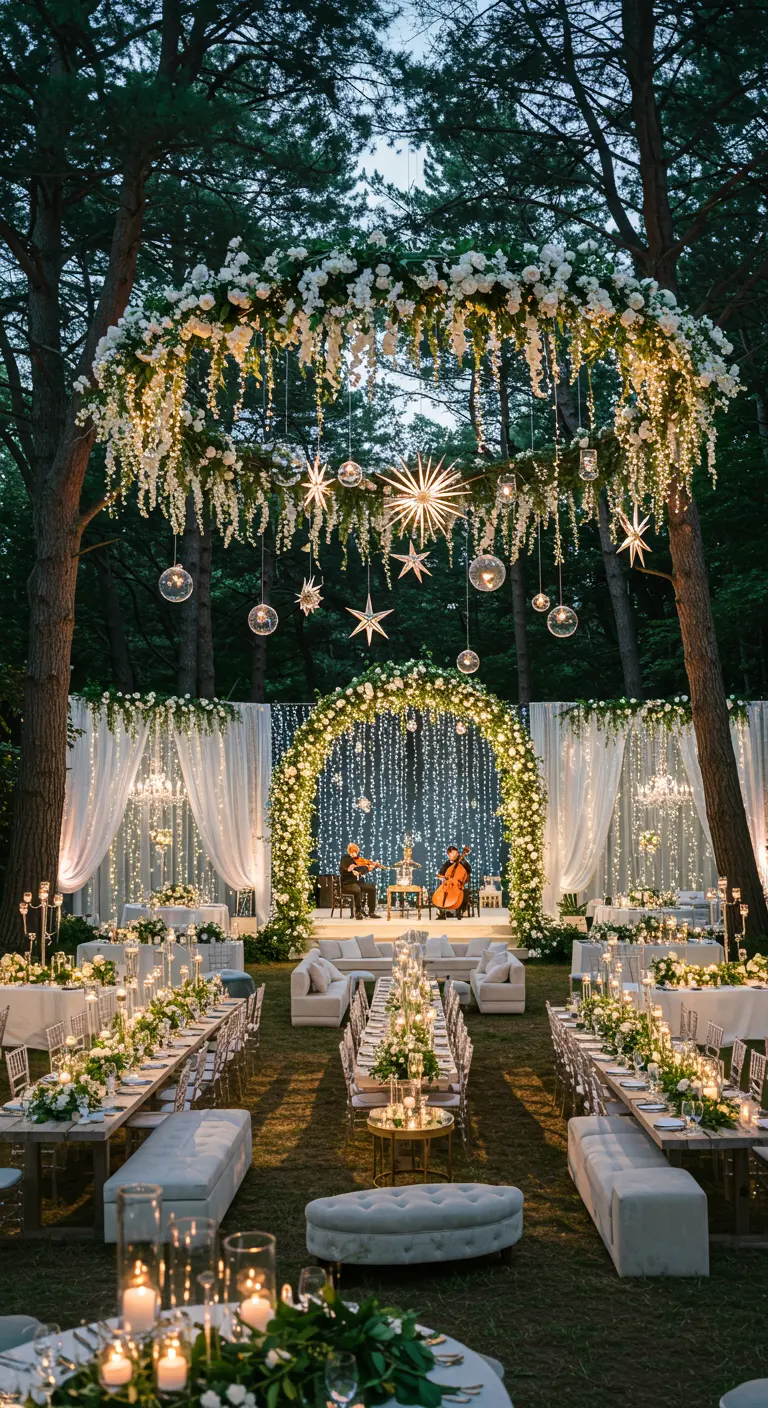 Une arche florale lumineuse et des étoiles suspendues au-dessus de tables de réception en extérieur.