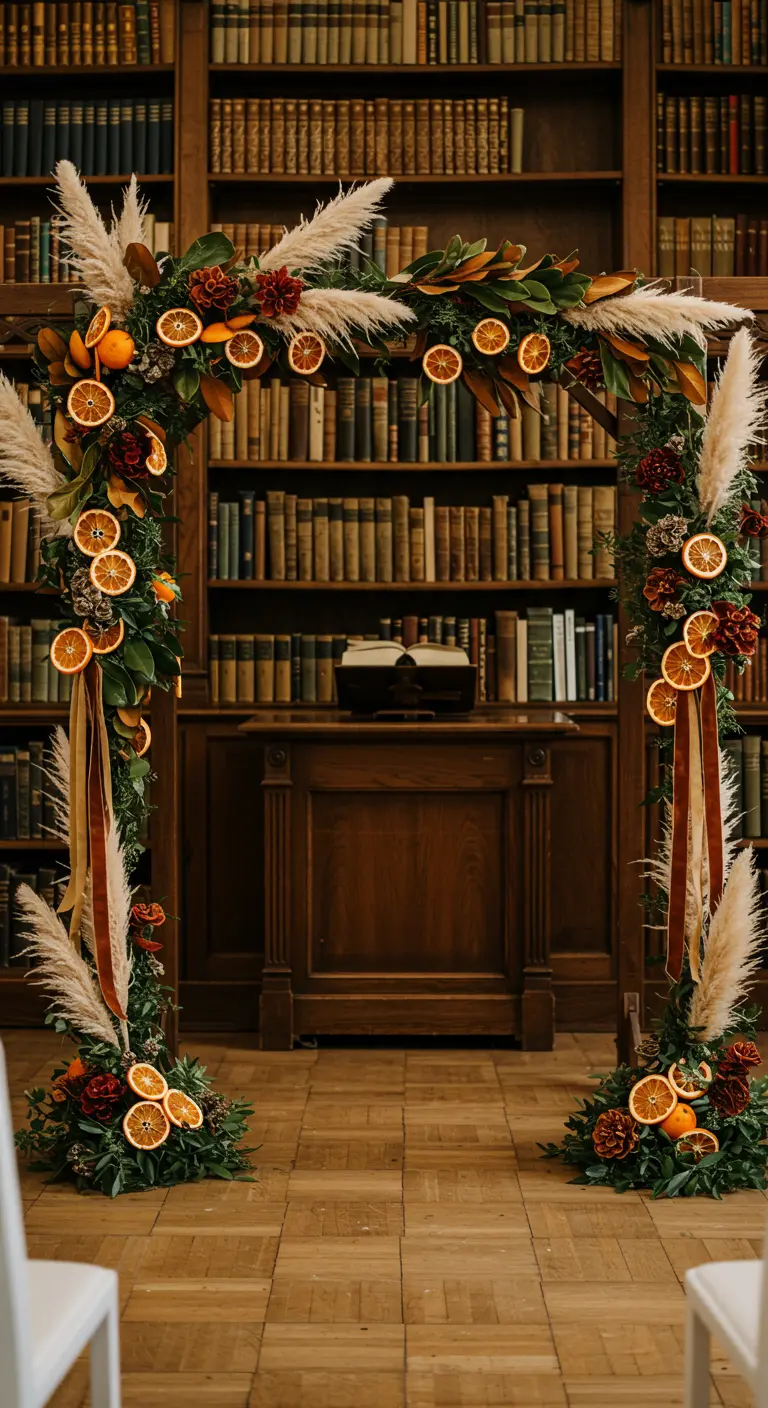 Arche de mariage dans une bibliothèque, décorée de pampas et de rondelles d'oranges séchées.