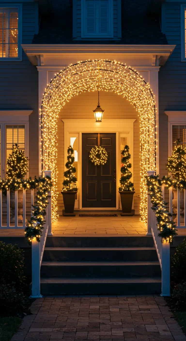 Entrée de maison encadrée par une arche entièrement recouverte de lumières de Noël chaudes.