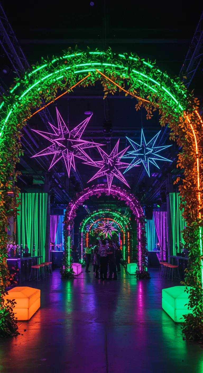 Arches végétales lumineuses en néon vert et orange avec étoiles géométriques dans un couloir de fête.