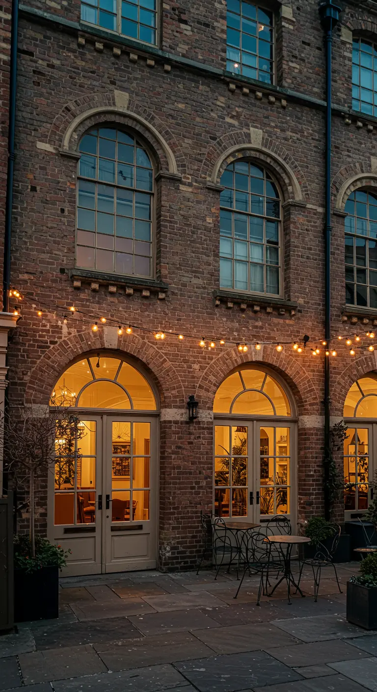 Façade en briques avec des arches éclairées par des guirlandes, et un petit coin café en extérieur.