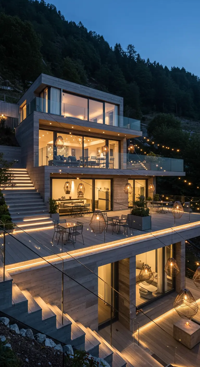 Maison moderne à plusieurs niveaux avec terrasses éclairées par des guirlandes et des LED.