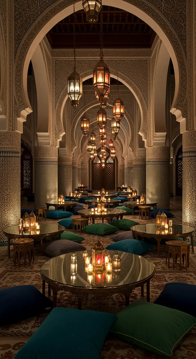 Grand hall marocain avec arches, tables rondes, coussins bleus/verts et de nombreuses lanternes suspendues.